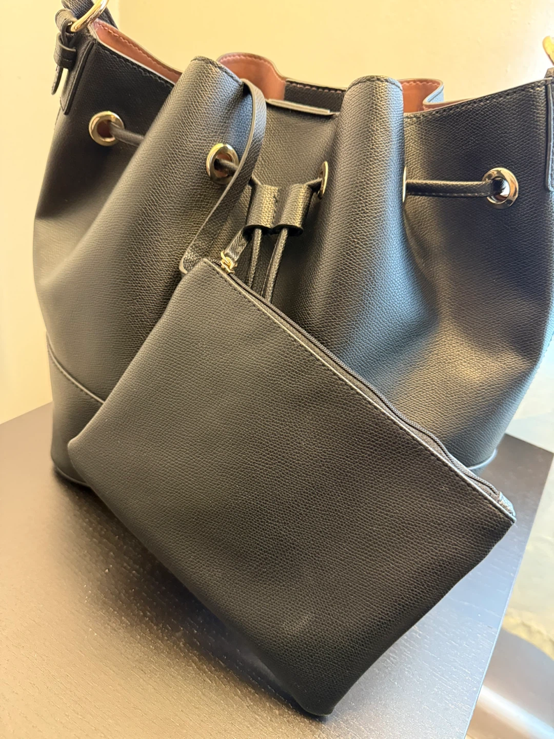 Black Faux Leather Bucket Bag with Pouch - photo 3