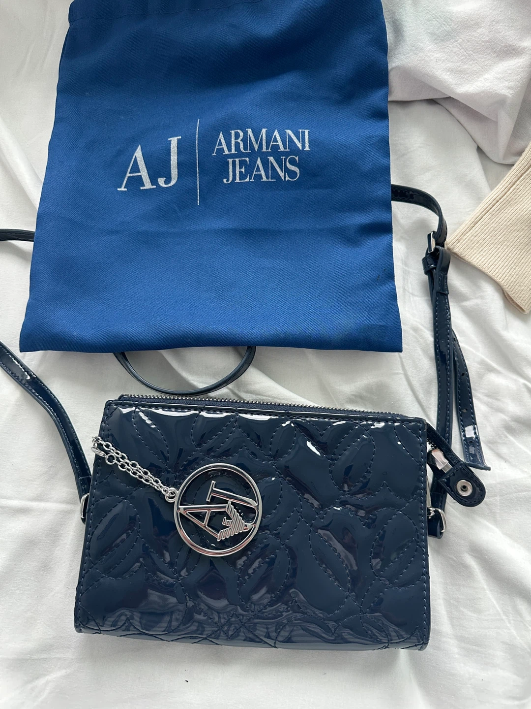 Armani Jeans Navy Patent Quilted Crossbody Bag