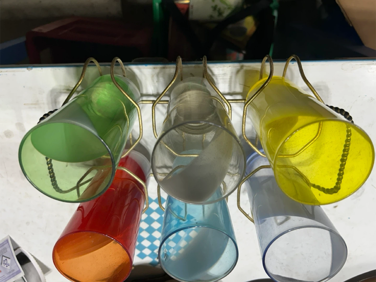 Set of 6 Coloured Drinking Glasses with Rack