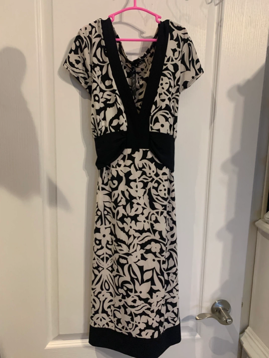 Black and White Patterned Dress with Tie Belt
