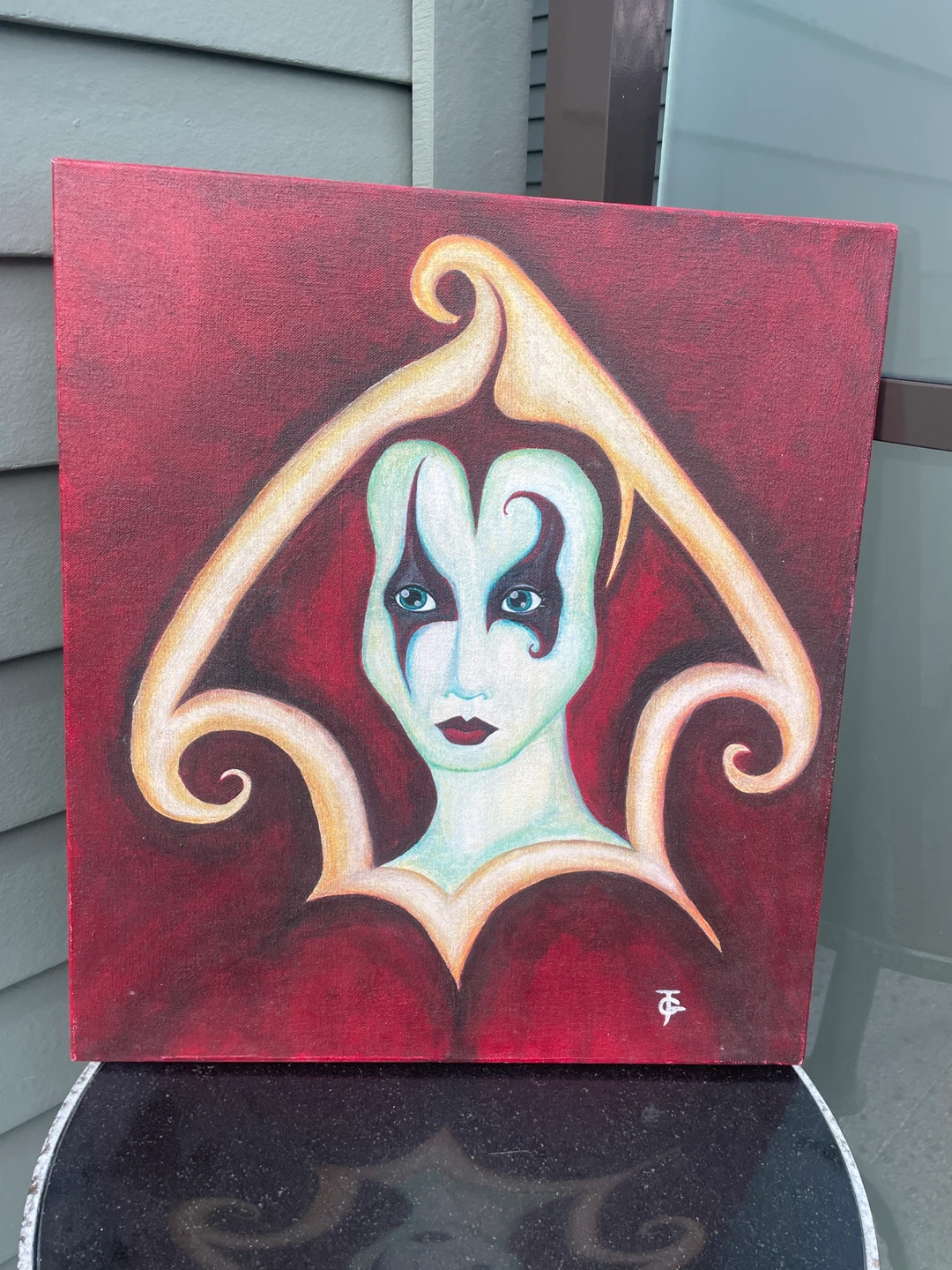 Surreal Mask Face Painting Red Gothic Portrait Acrylic on Canvas - photo 3