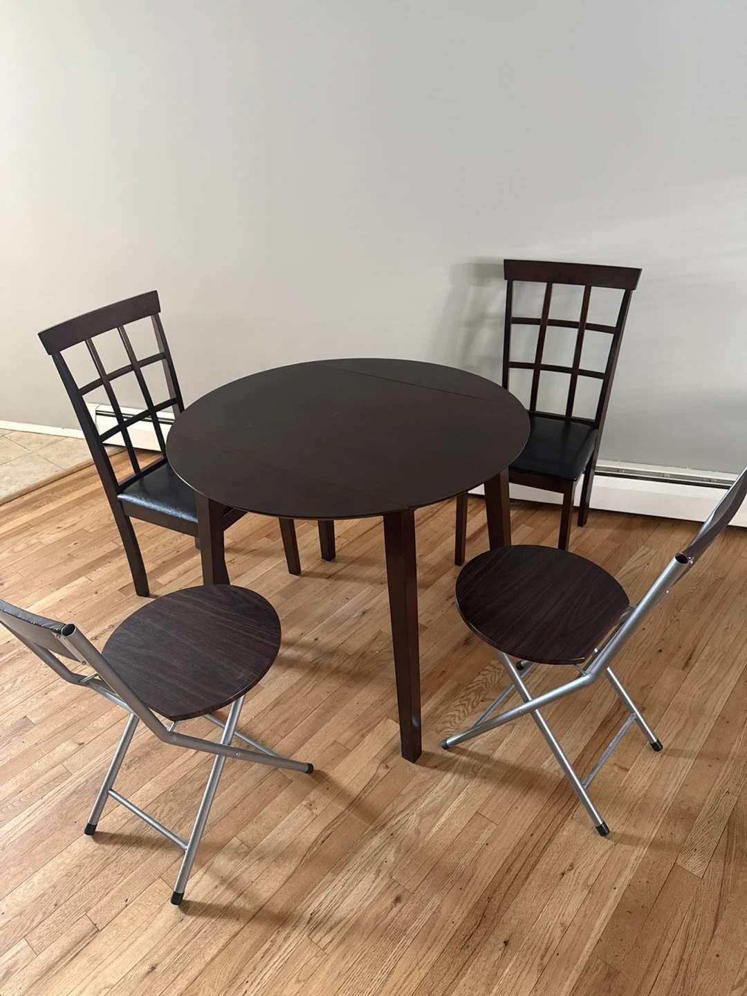 Dark Wood Round Dining Table Set with 2 Chairs and 2 Stools