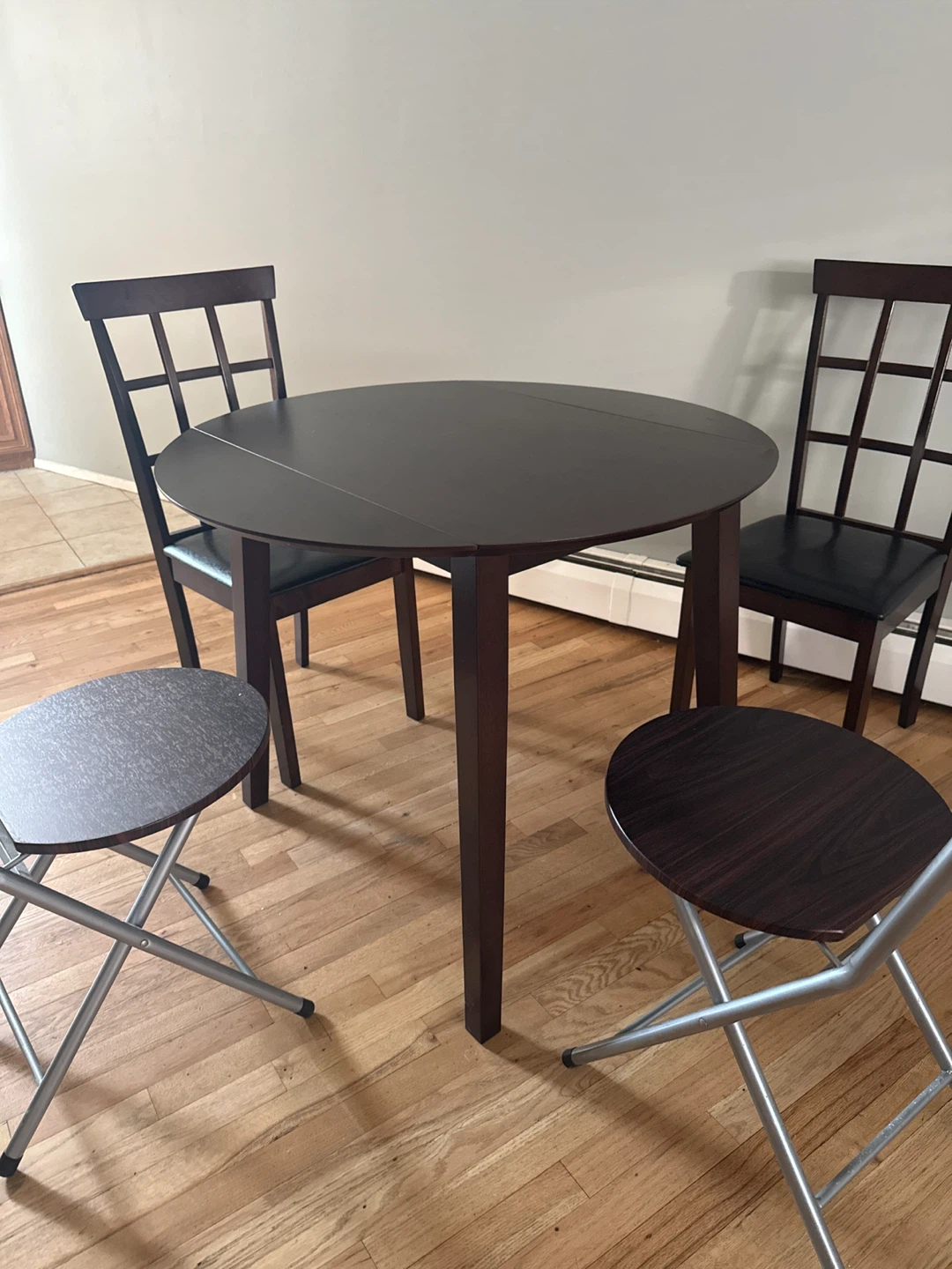 Dark Wood Round Dining Table Set with 2 Chairs and 2 Stools - photo 5