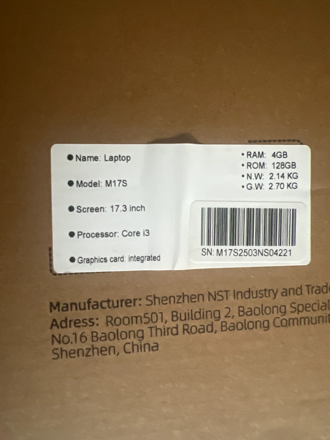 Laptop M17S 17.3 inch