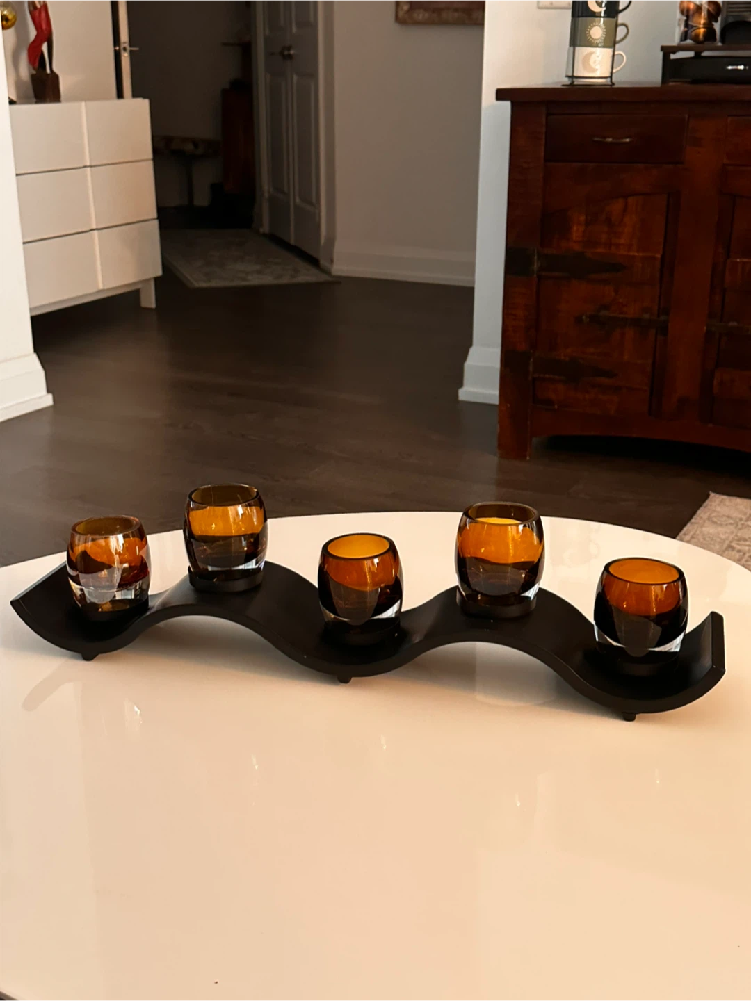 Amber Glass candle Holder Set on Wave Stand