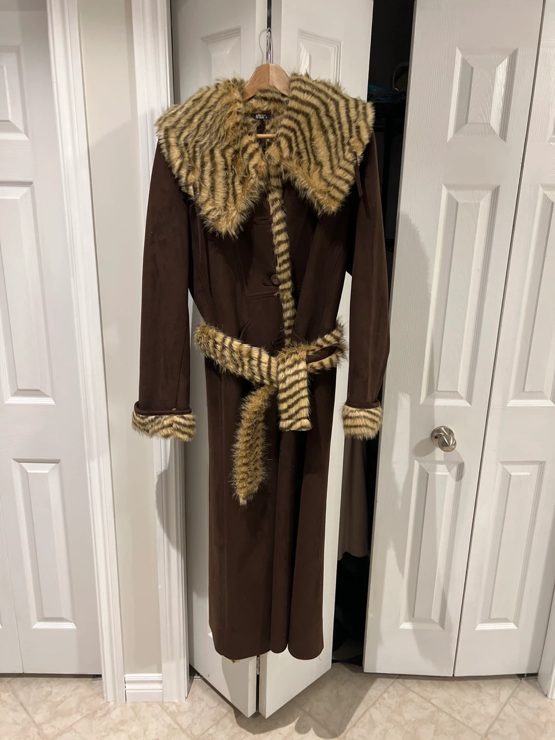 Brown Faux Fur Trimmed Long Coat with Belt