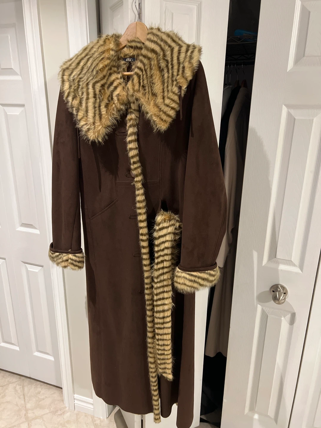 Brown Faux Fur Trimmed Long Coat with Belt - photo 2