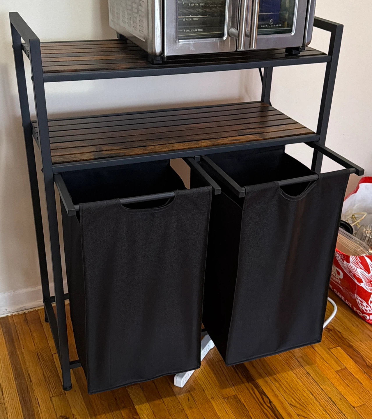2-Tiered Kitchen Storage Rack with 2 Black Laundry Baskets