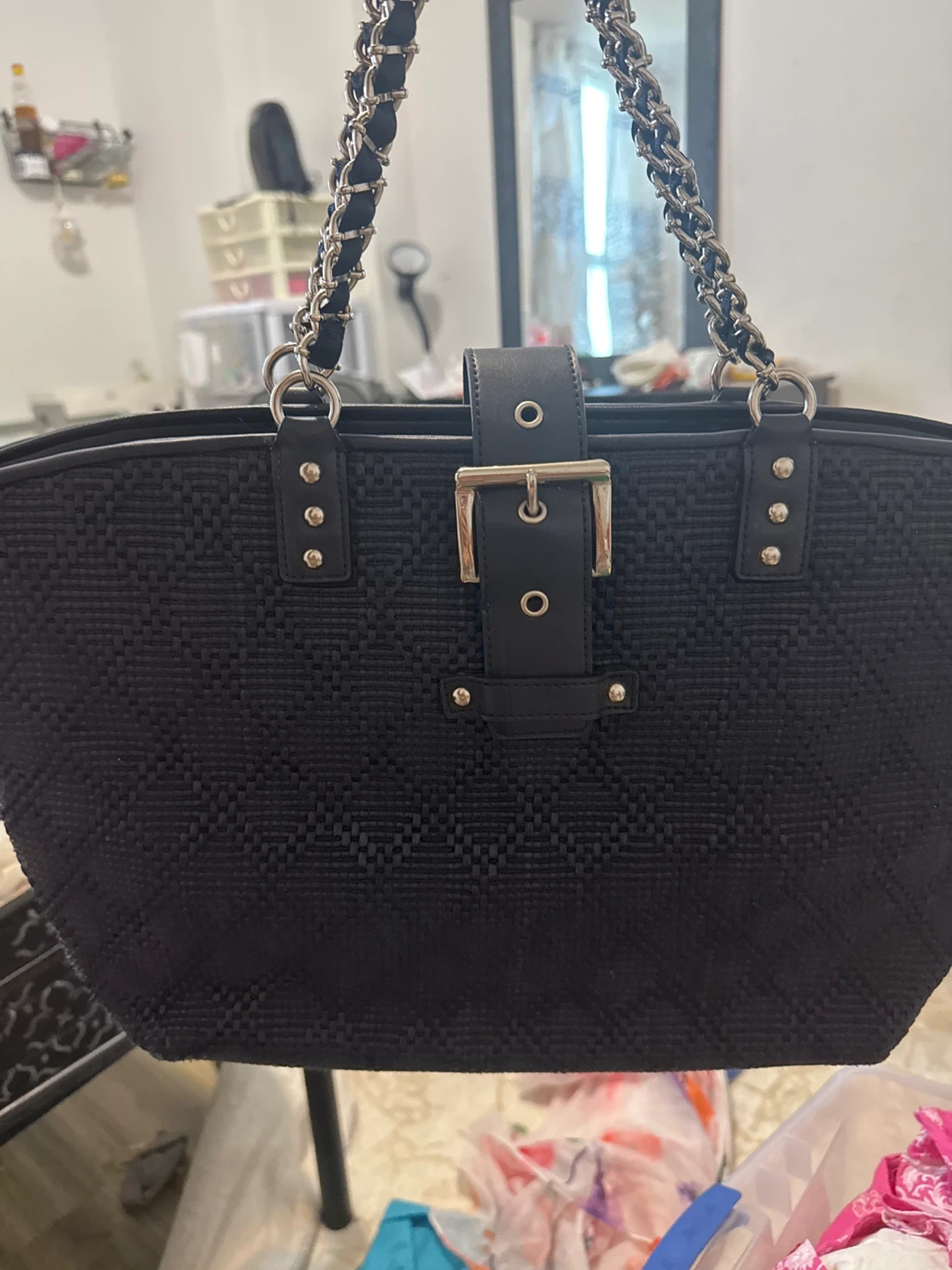 Ann Taylor Black Woven Tote Bag with Chain Detail