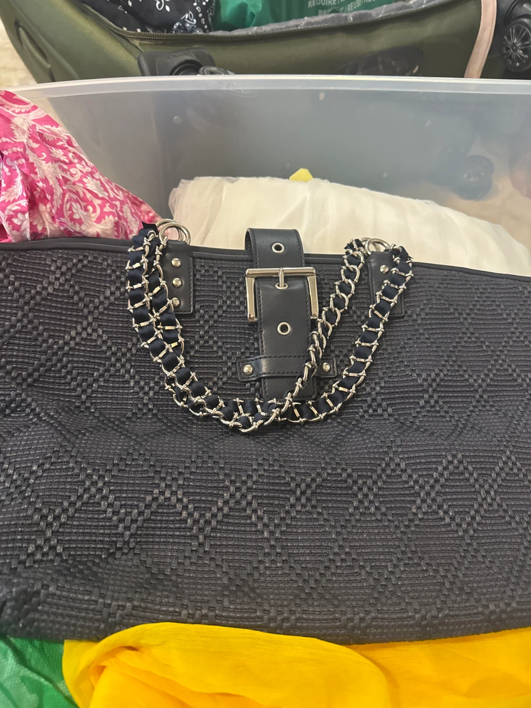 Ann Taylor Black Woven Tote Bag with Chain Detail - photo 2