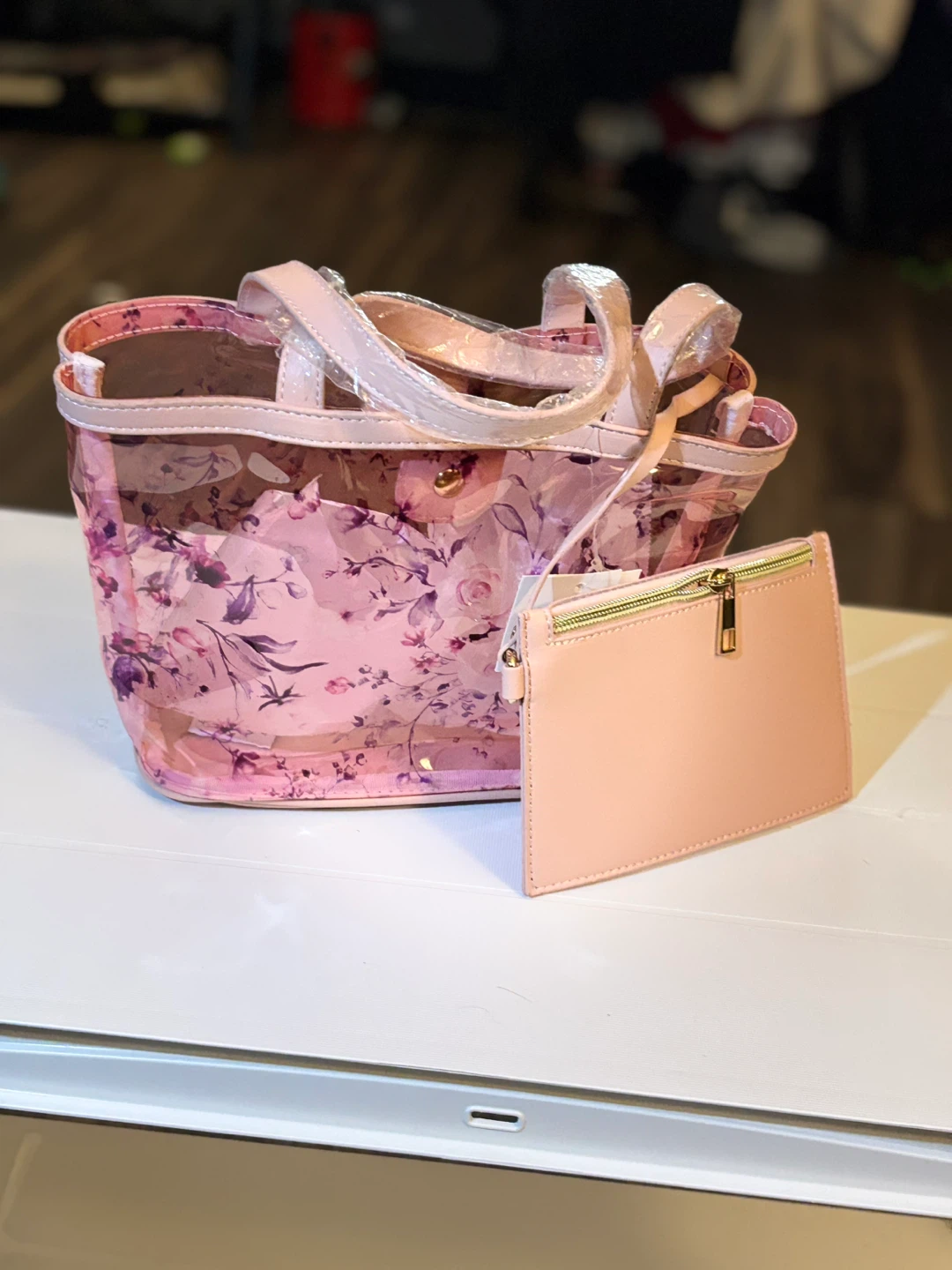 Clear Pink Floral Tote Bag with Matching Pouch