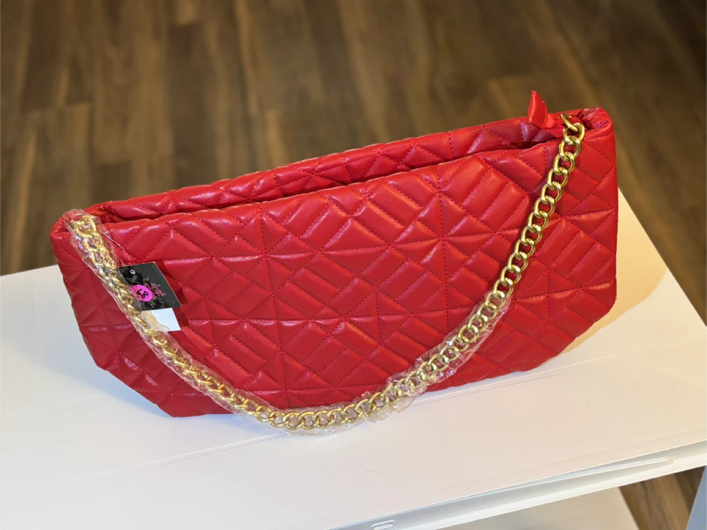 Red Quilted Handbag with Gold Chain