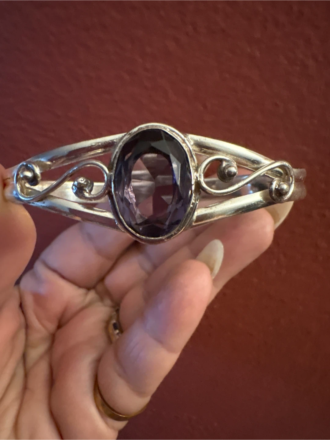 New Genuine 925 Sterling silver Oval Amethyst Bangle Bracelet