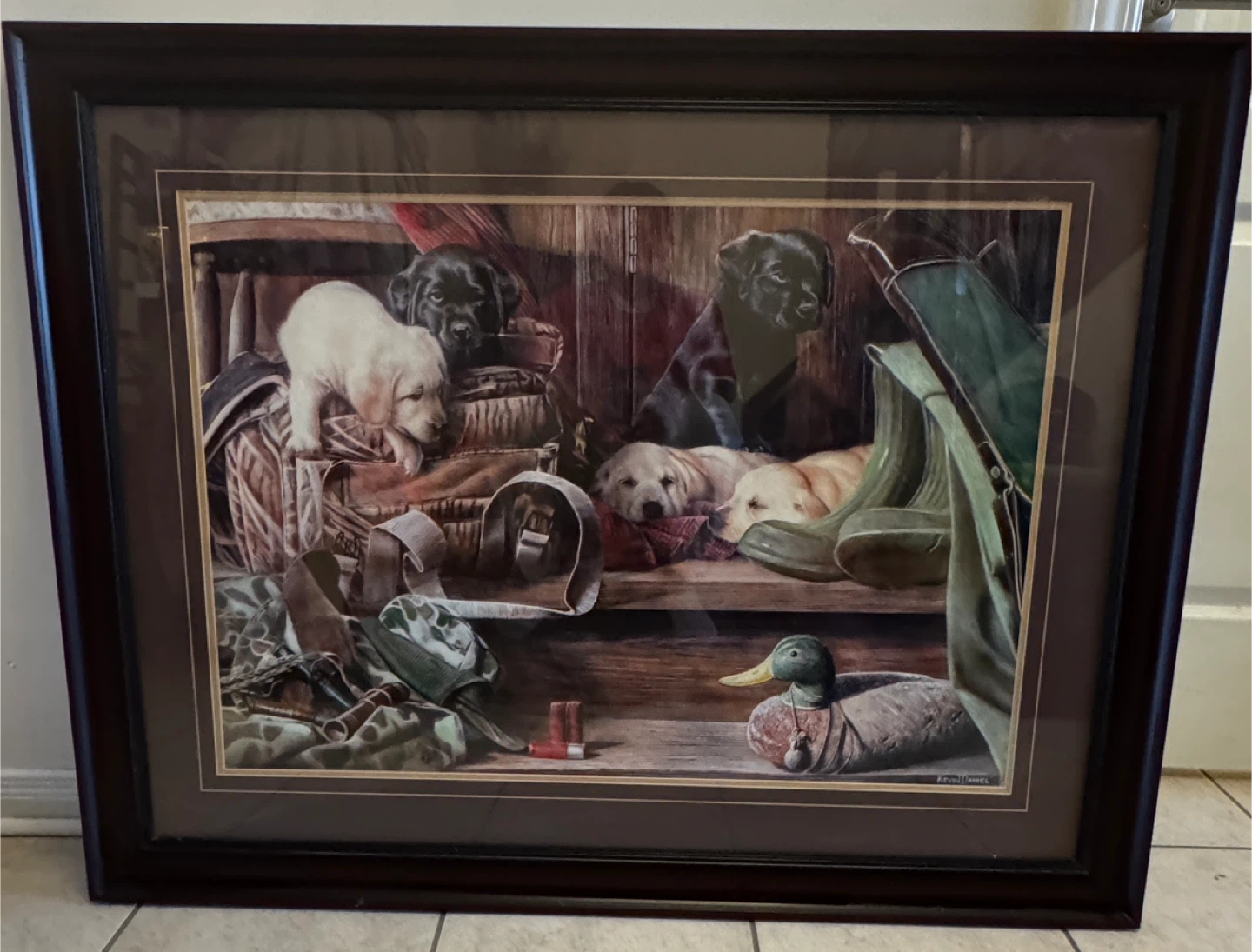 Framed Art Print: Labrador Puppies and Duck Hunting Scene