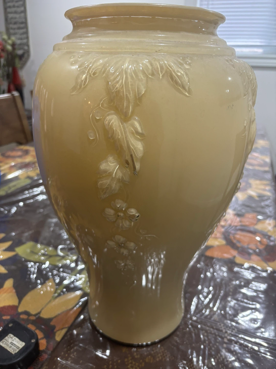 Vintage Amber Glass Vase with Embossed Floral Design