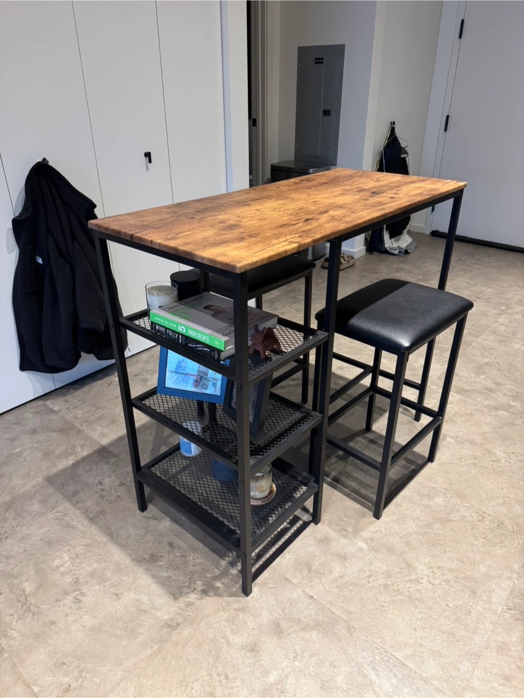 Rustic Wood Bar Table / Island with 2 Stools and Shelving