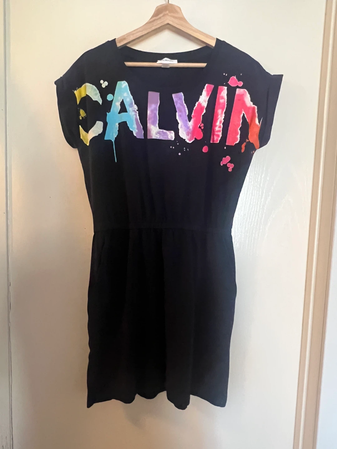 Calvin Klein Black T-Shirt Dress with "CALVIN" Graphic - Medium