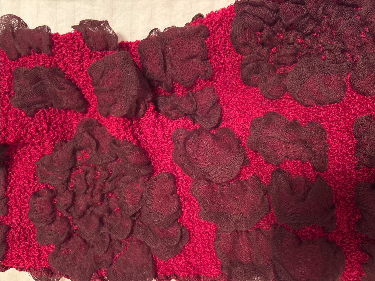 Textured Red and Burgundy Scarf with Pom Poms - photo 2