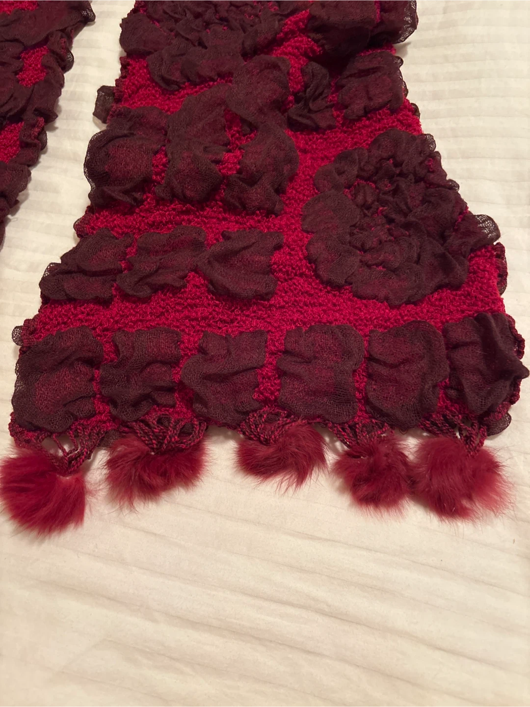 Textured Red and Burgundy Scarf with Pom Poms - photo 3