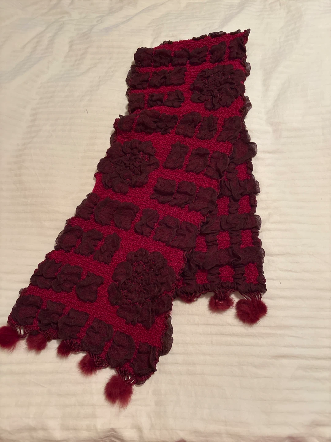 Textured Red and Burgundy Scarf with Pom Poms - photo 5