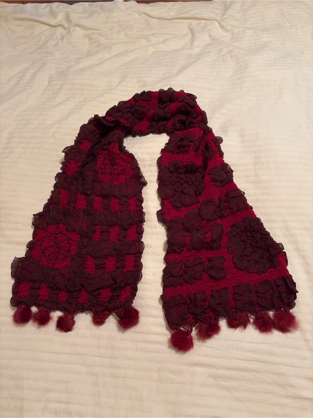Textured Red and Burgundy Scarf with Pom Poms