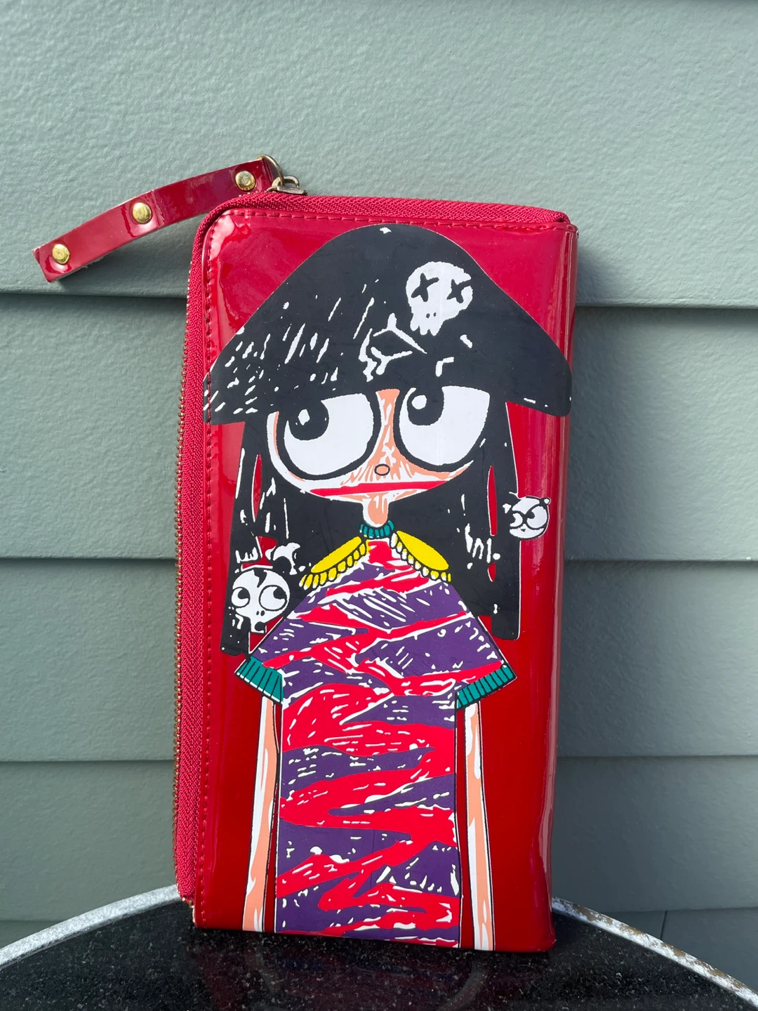 Red Patent Wallet with Cartoon Pirate Girl Design
