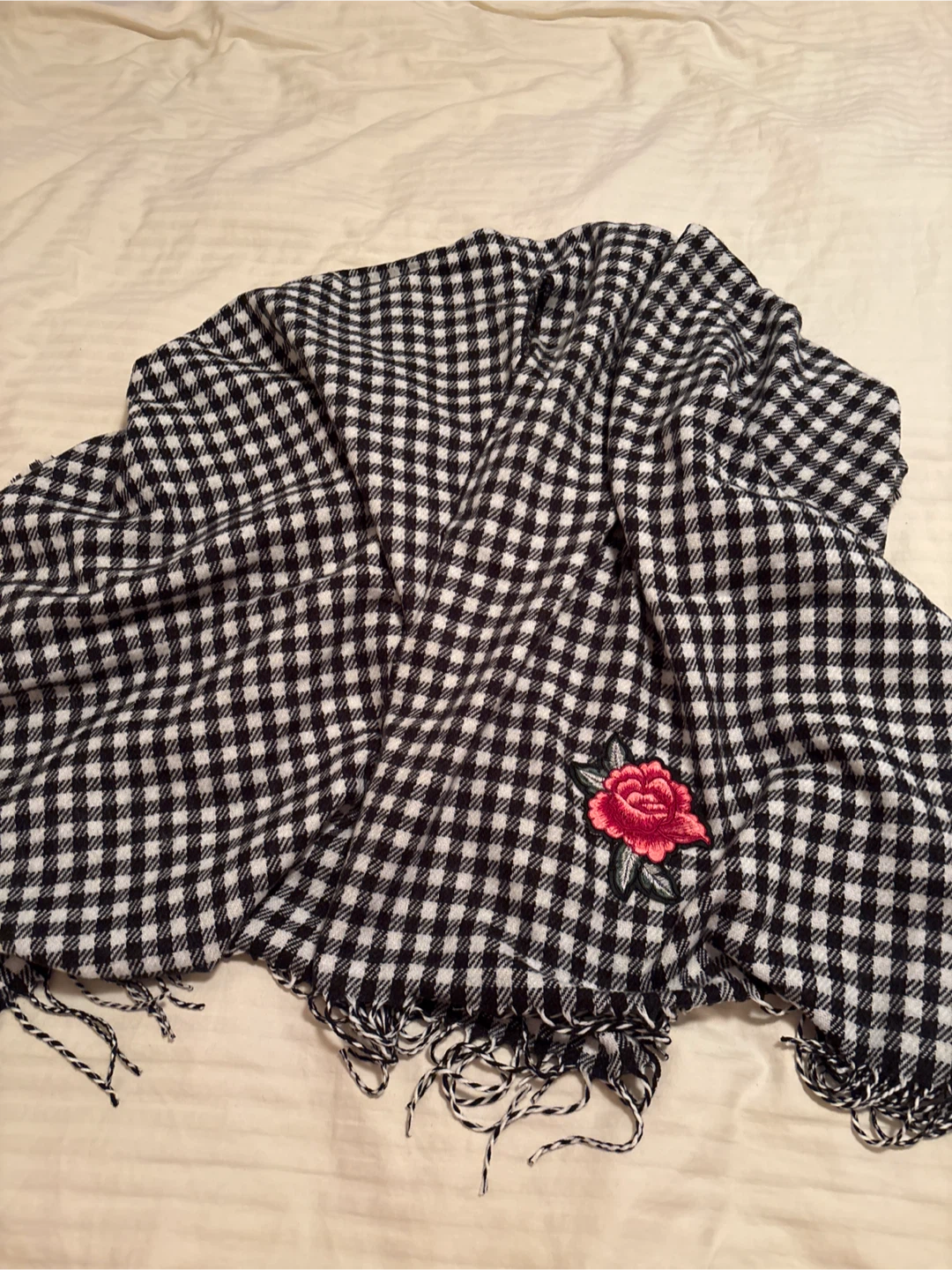 Black and White Gingham Scarf with Rose Embroidery - photo 5