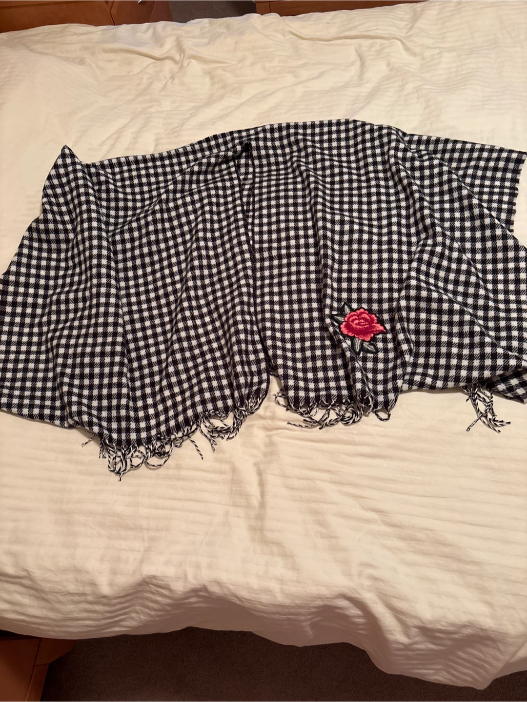 Black and White Gingham Scarf with Rose Embroidery