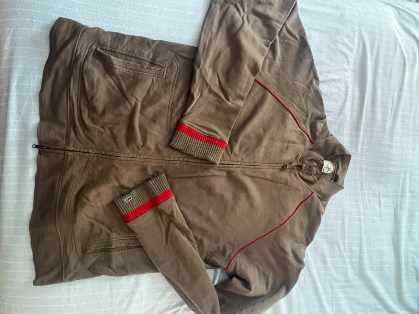 Brown Full Zip Hoodie with Red Accents