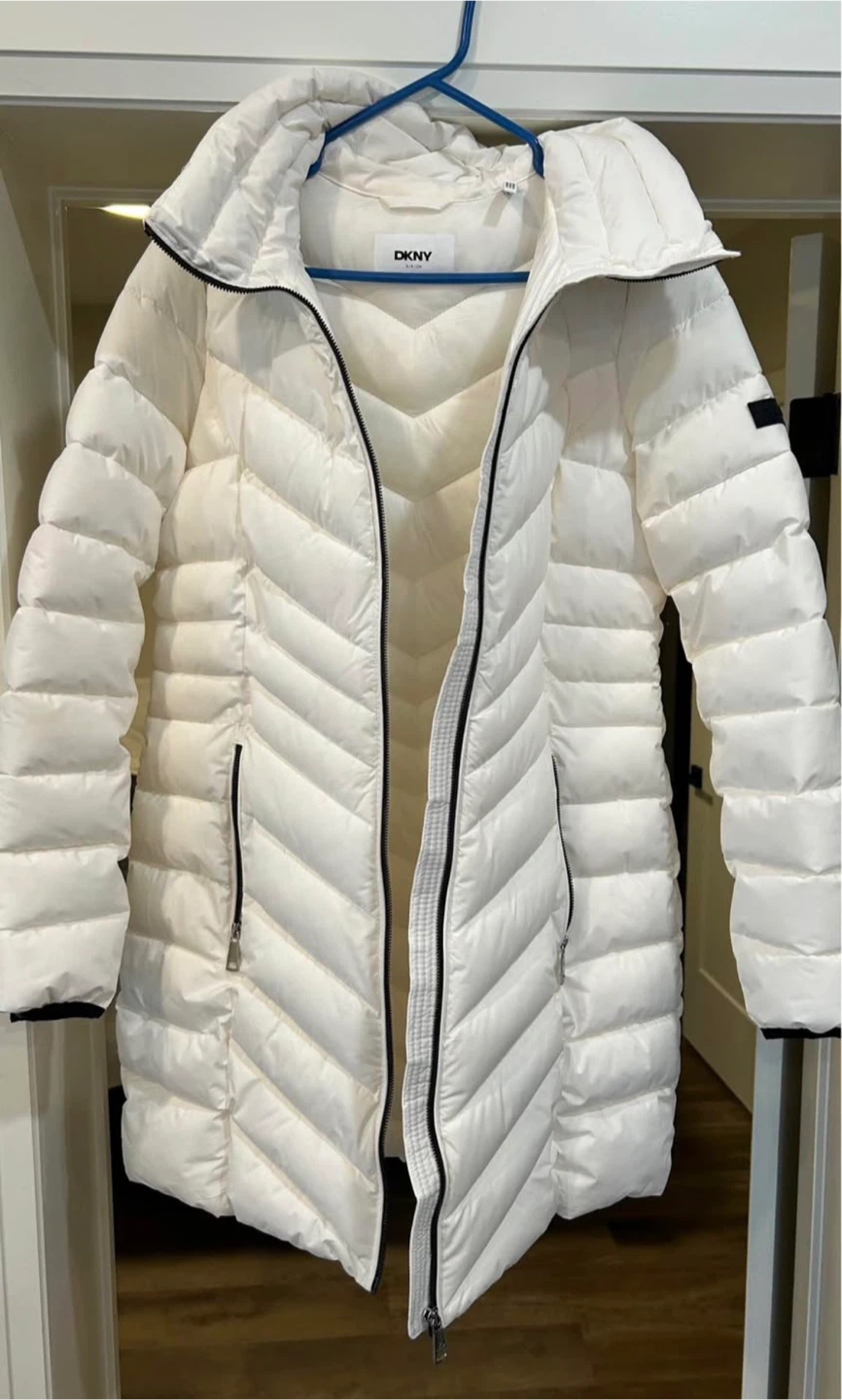 DKNY White Puffer Jacket with Hood