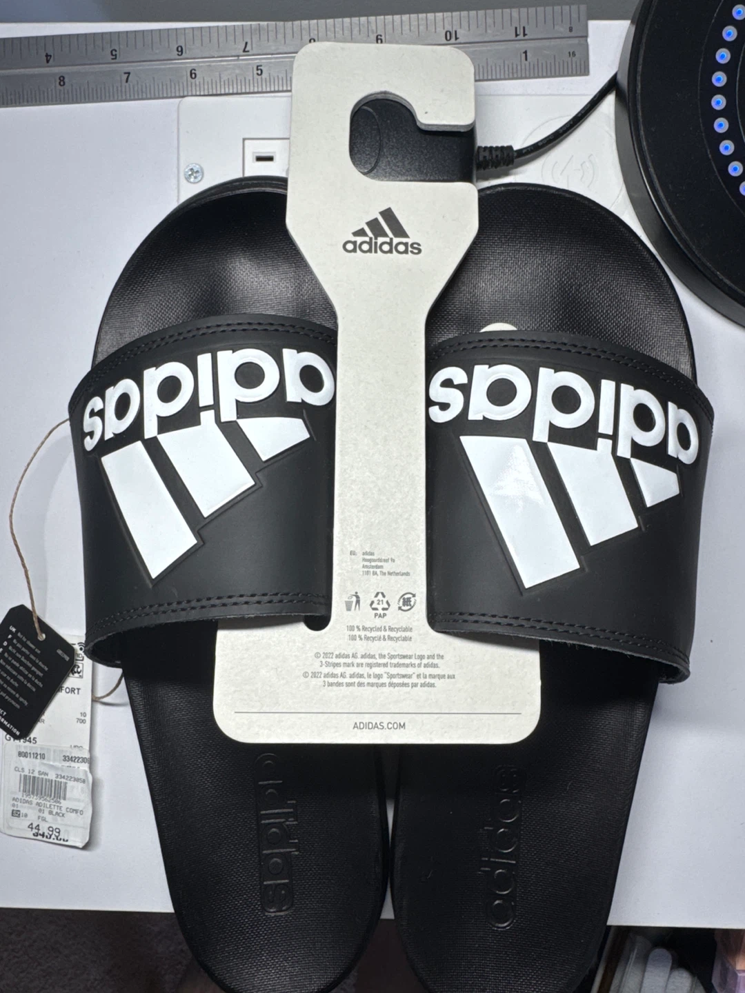 Adidas Adilette Comfort Slides - Black/White - Size 10