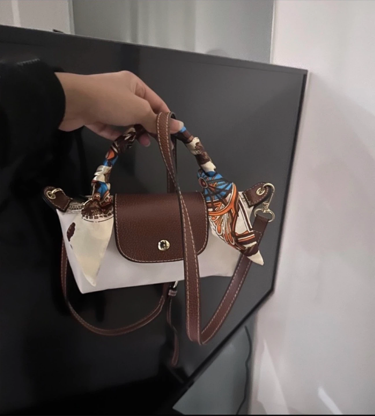 White & Brown Top Handle Bag with Scarf Accent