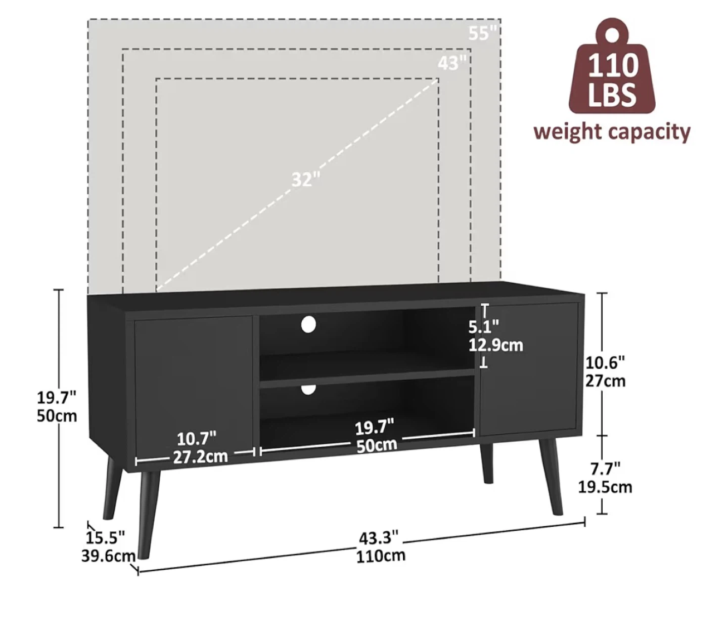 Black TV Stand Media Console with Storage