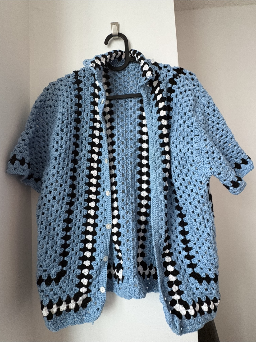 Handmade Light Blue Crochet Button-Up Unisex Shirt