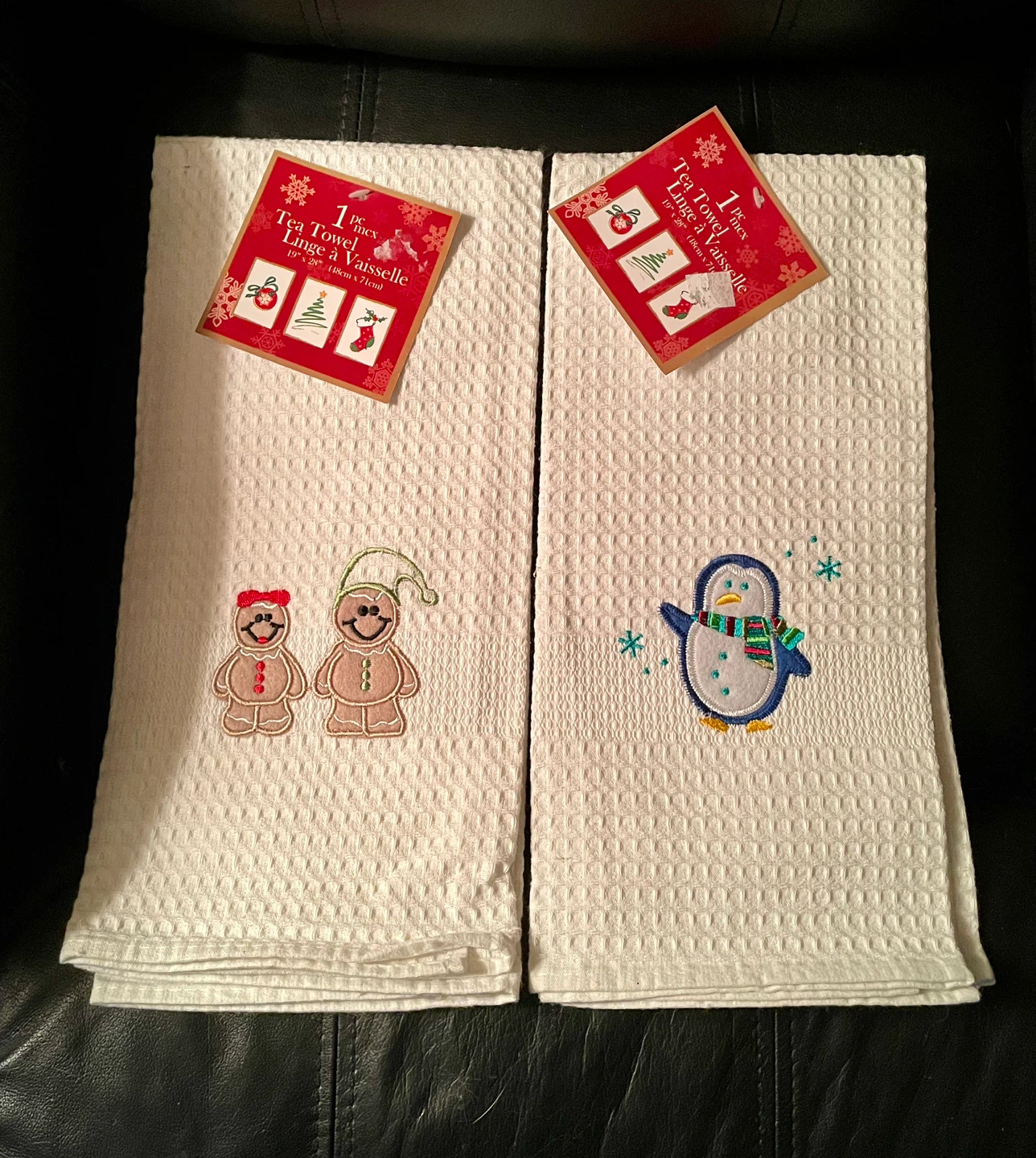 2 NEW White Waffle Weave Tea Towels with Christmas Designs