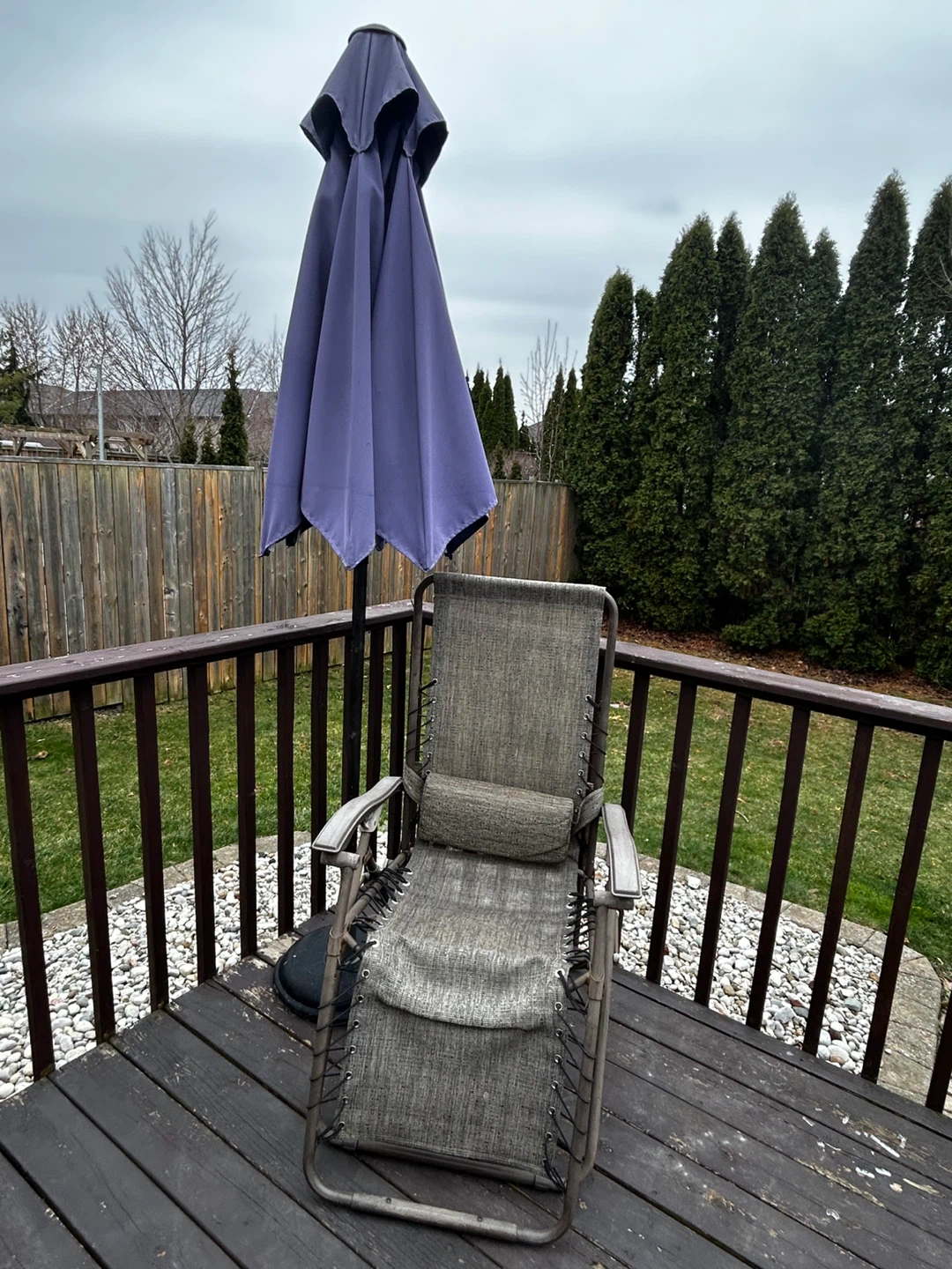 Gray Zero Gravity Chair with Purple Umbrella