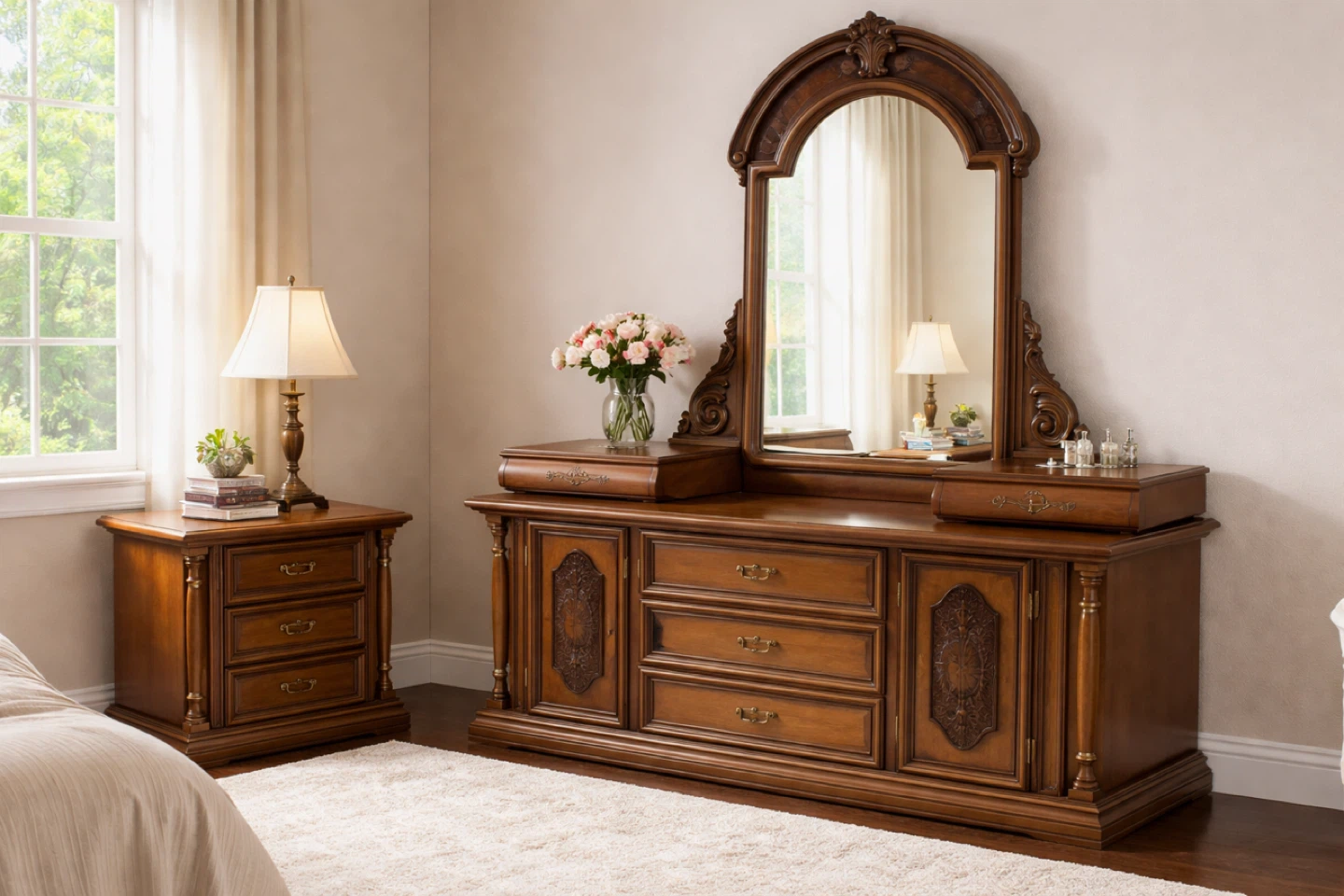 Vintage Wood Dresser with Mirror and Nightstand