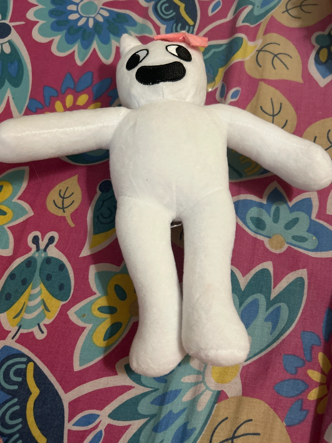 White Plush Cat Toy with Pink Bow