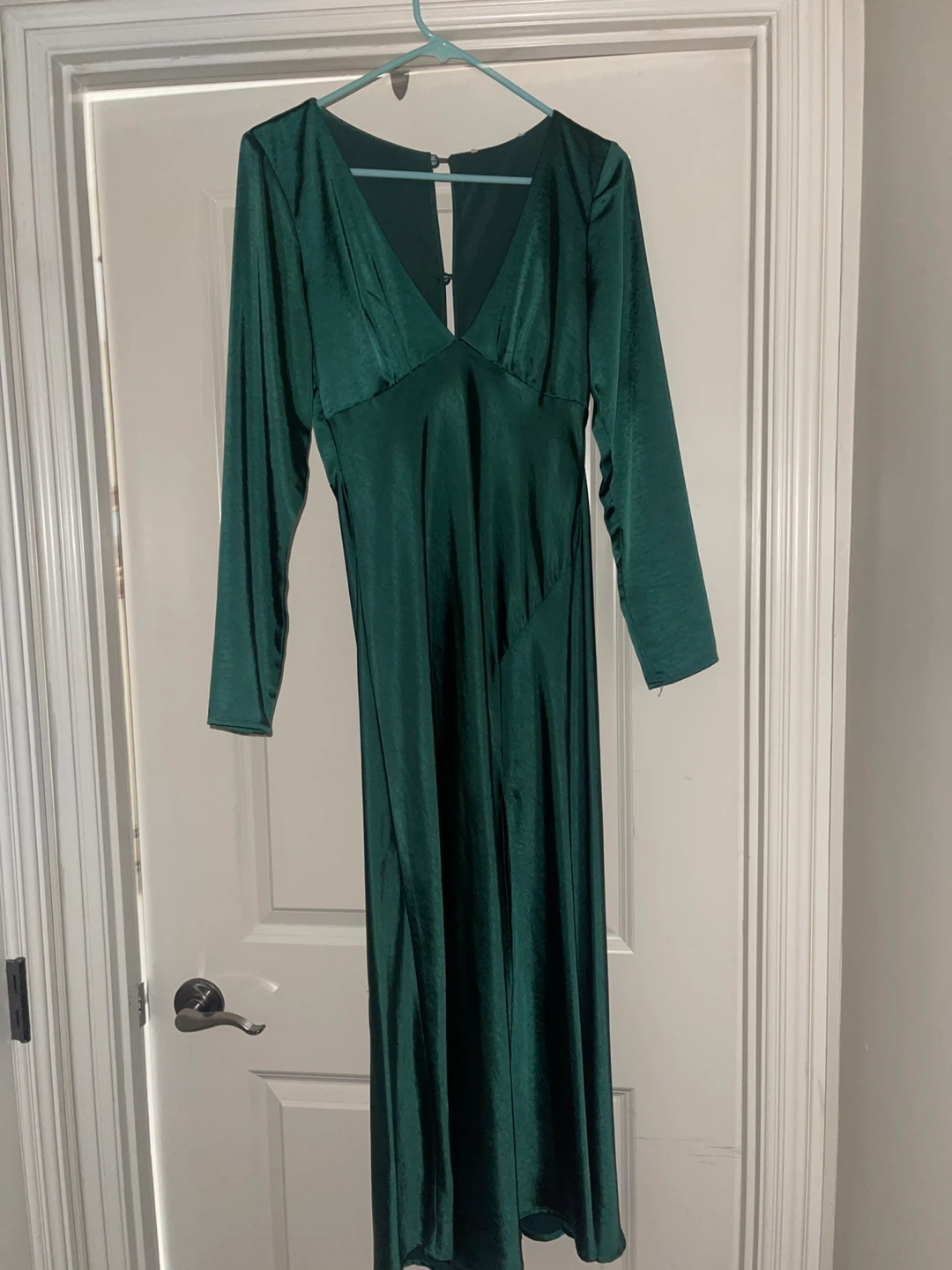 Green Satin Long Sleeve Midi Dress