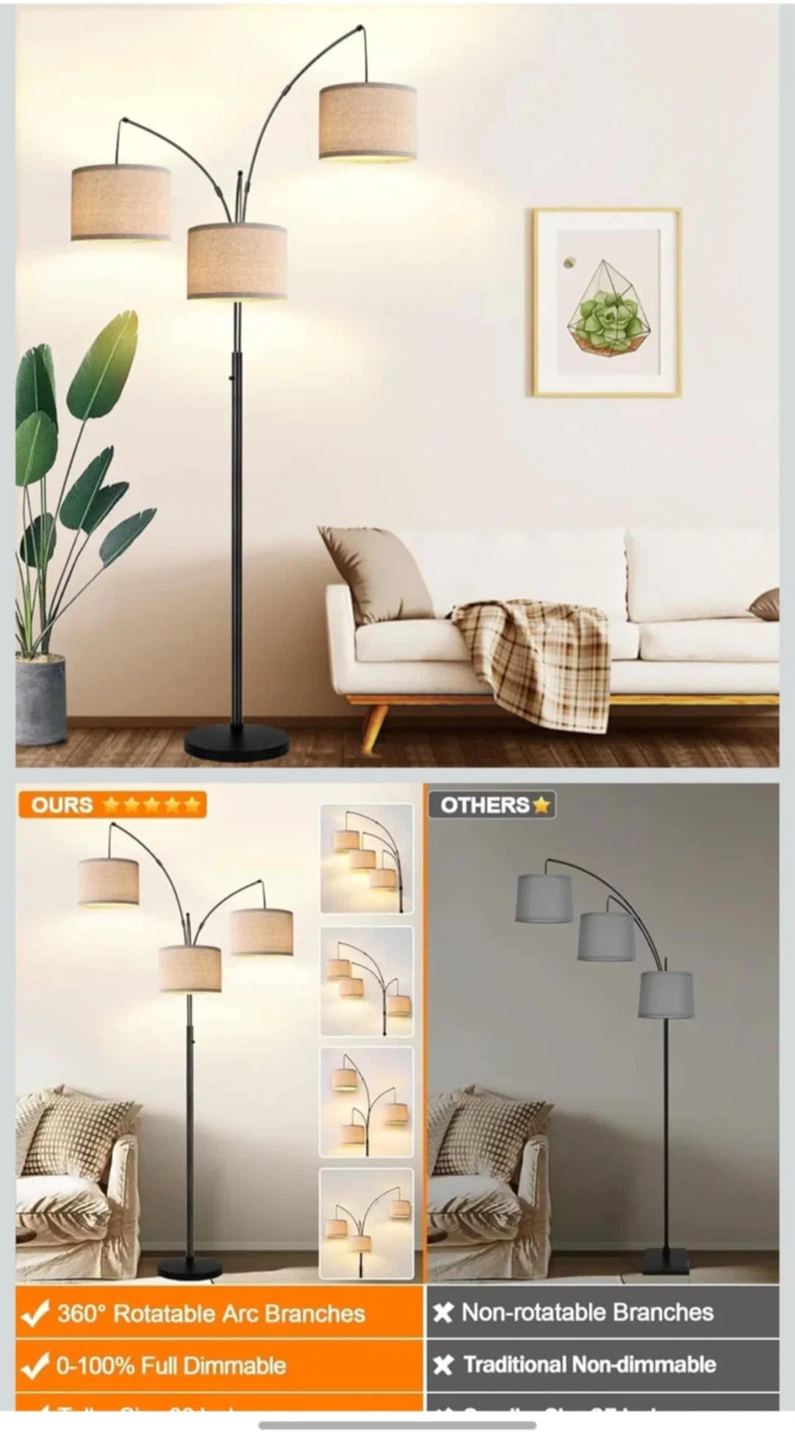 3-Light Arc Floor Lamp with Dimmable Rotary Switch - photo 5