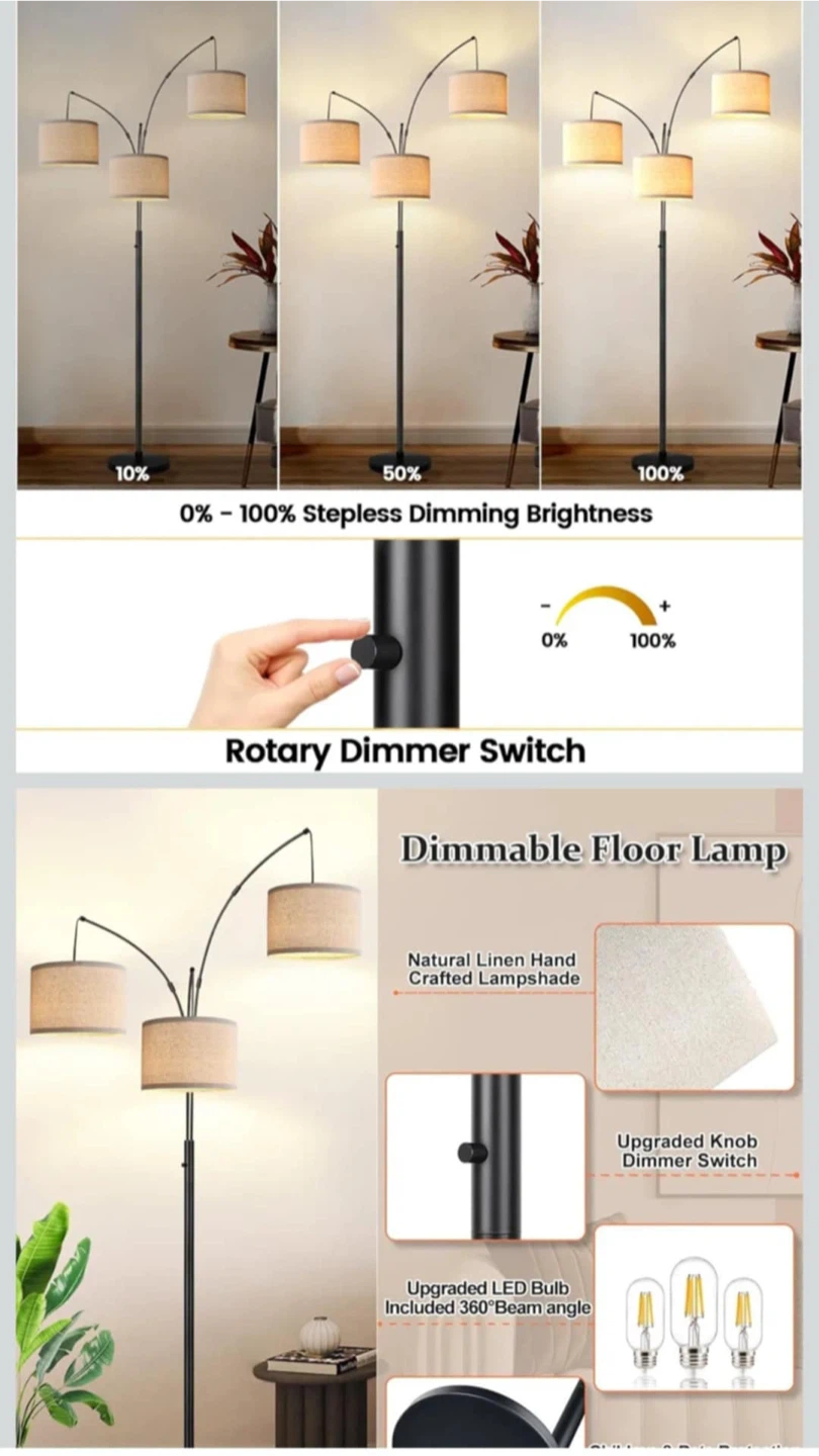 3-Light Arc Floor Lamp with Dimmable Rotary Switch - photo 3