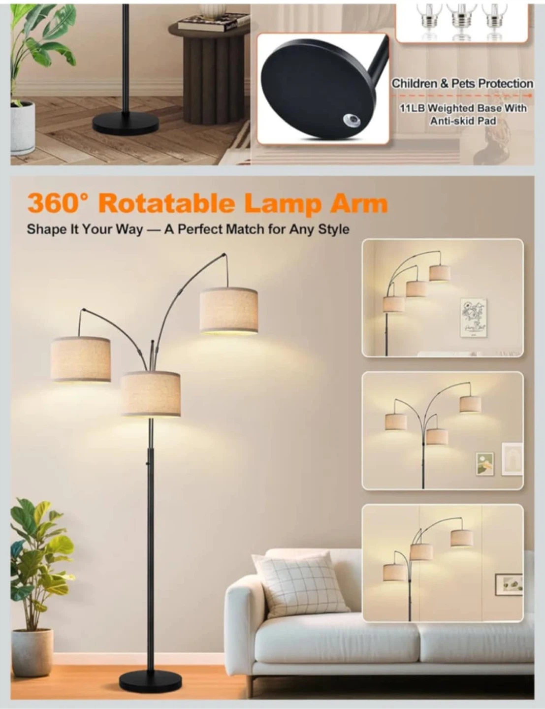 3-Light Arc Floor Lamp with Dimmable Rotary Switch - photo 4