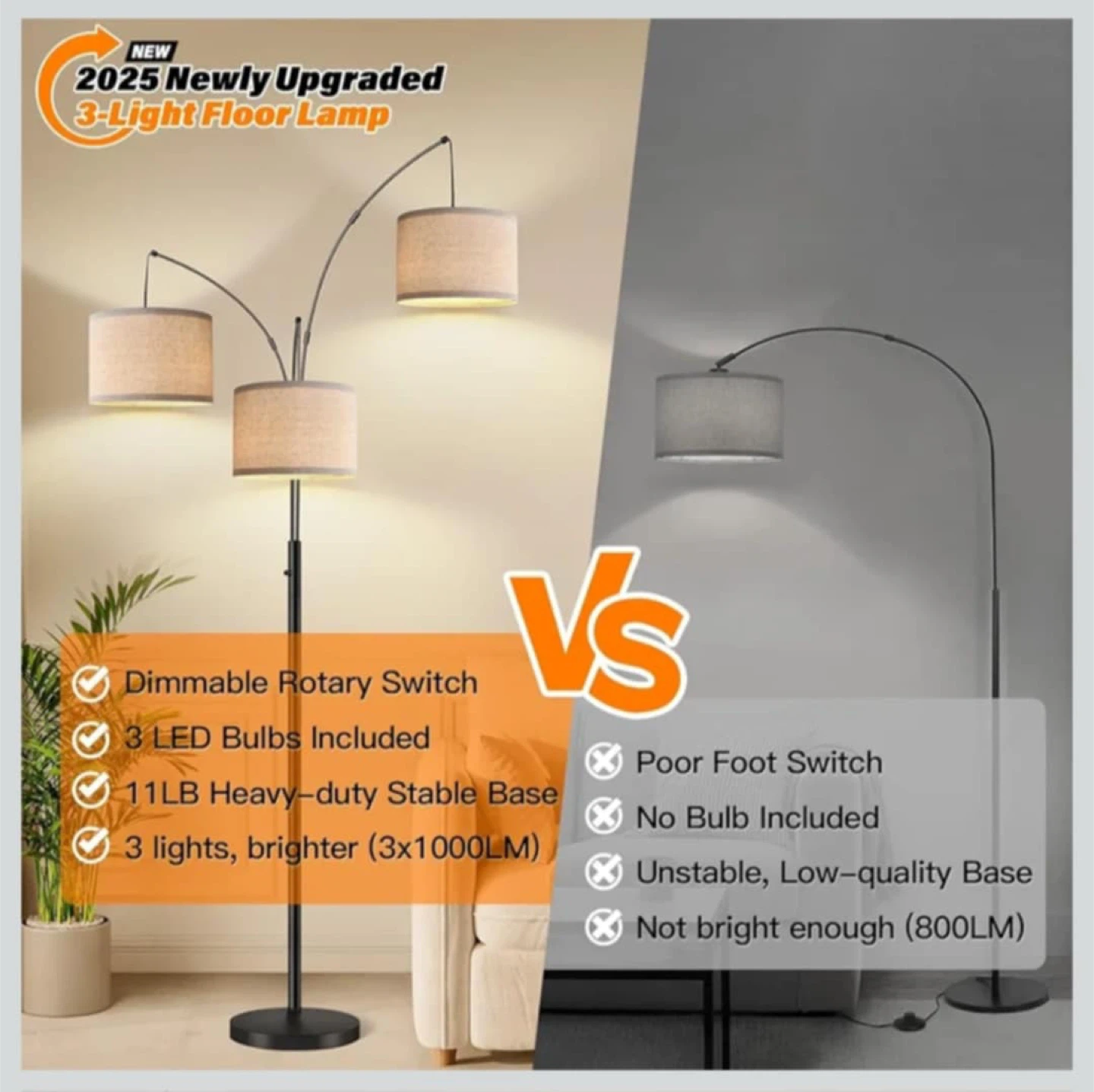 3-Light Arc Floor Lamp with Dimmable Rotary Switch - photo 2