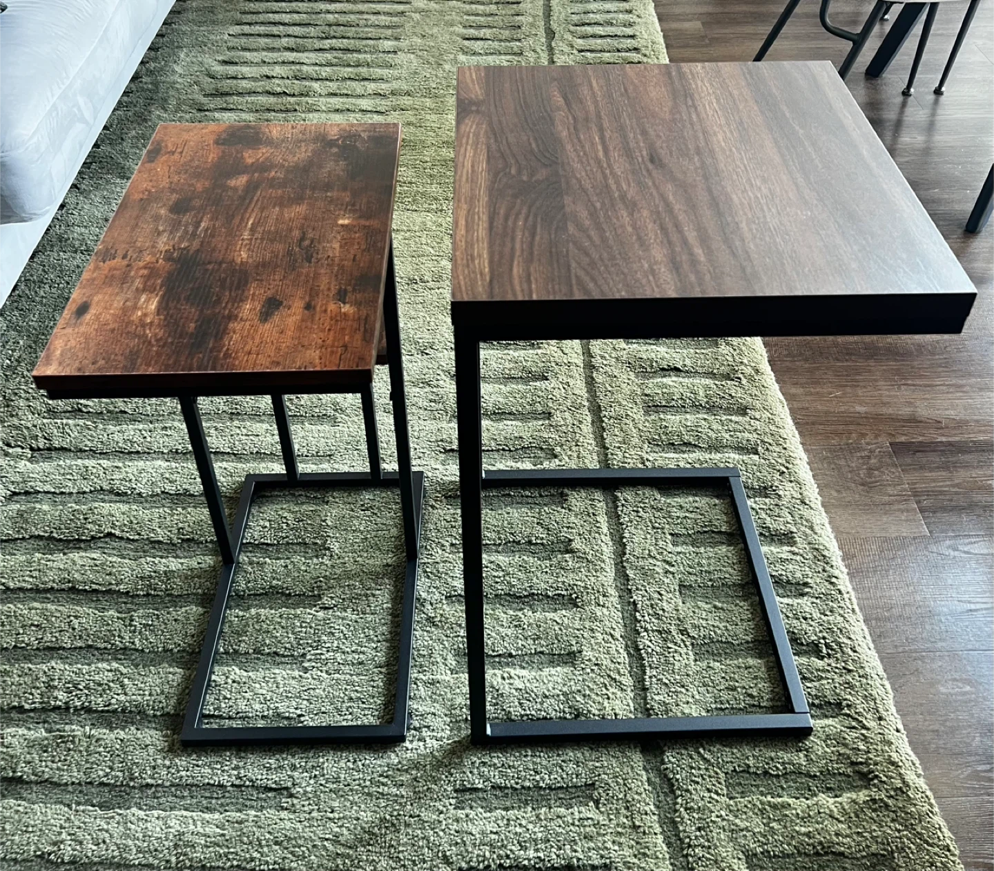 Set of 2 C-Shape Side Tables — Walnut Finish  & Black Metal