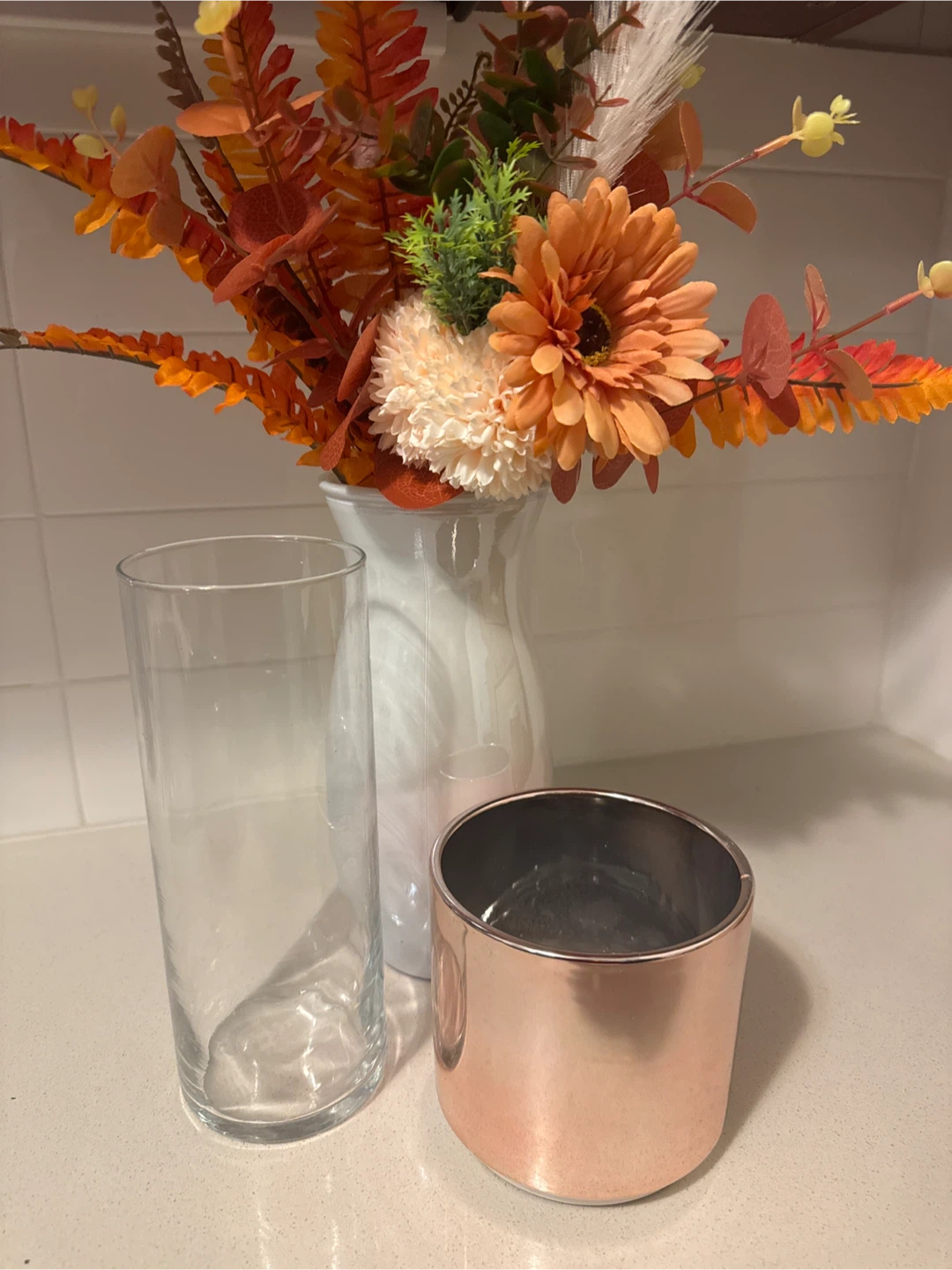 Two vases + faux flowers + pot