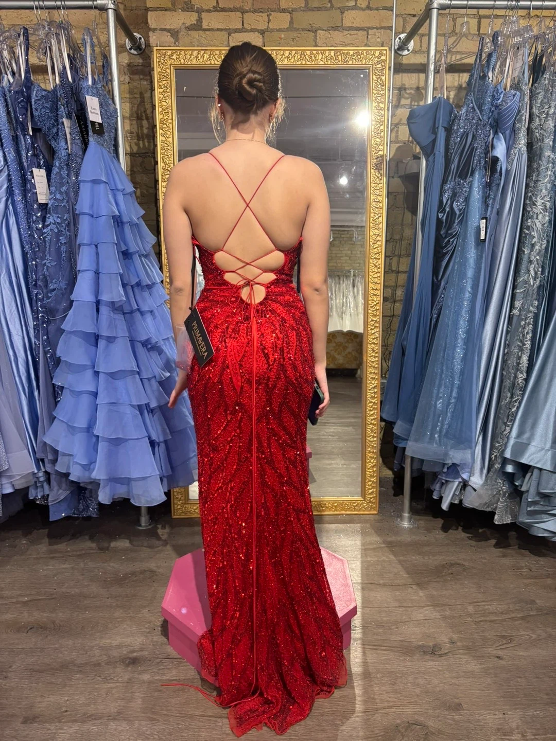 Prom Serafina Red Sequin Halter Dress with Back Criss-Cross - photo 3