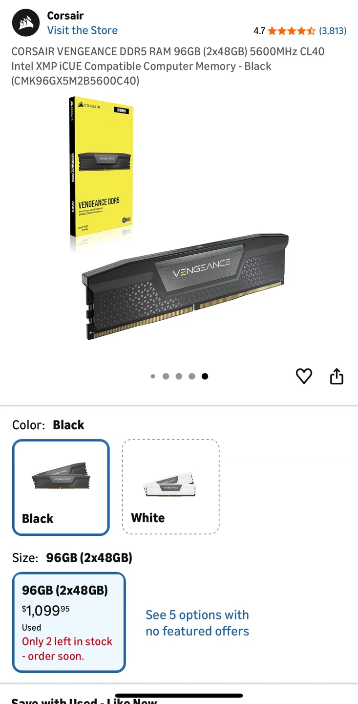 Corsair Vengeance DDR5 RAM 96GB (2x48GB) 5600MHz Black
