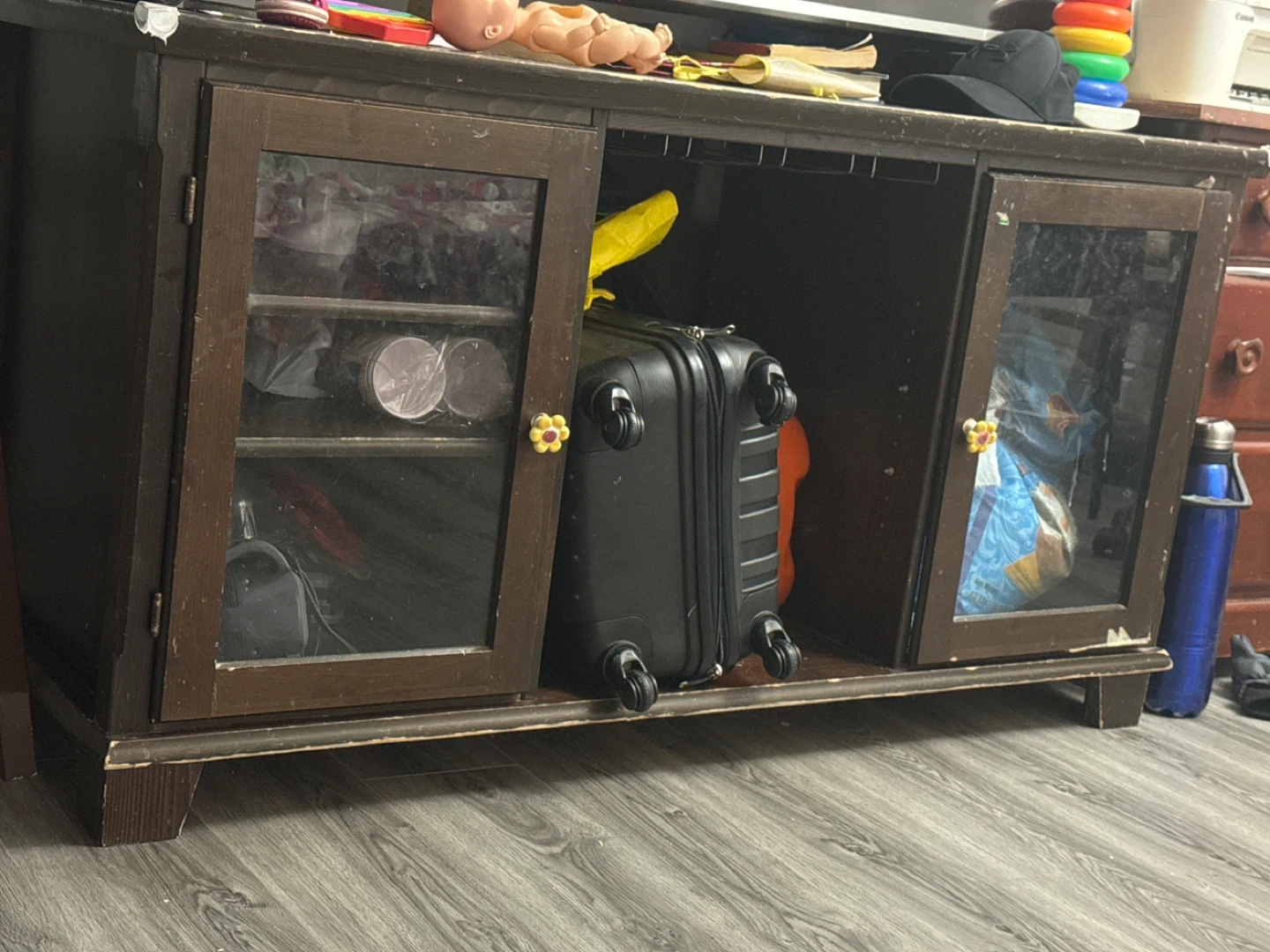 Dark Wood TV Stand with Glass Doors