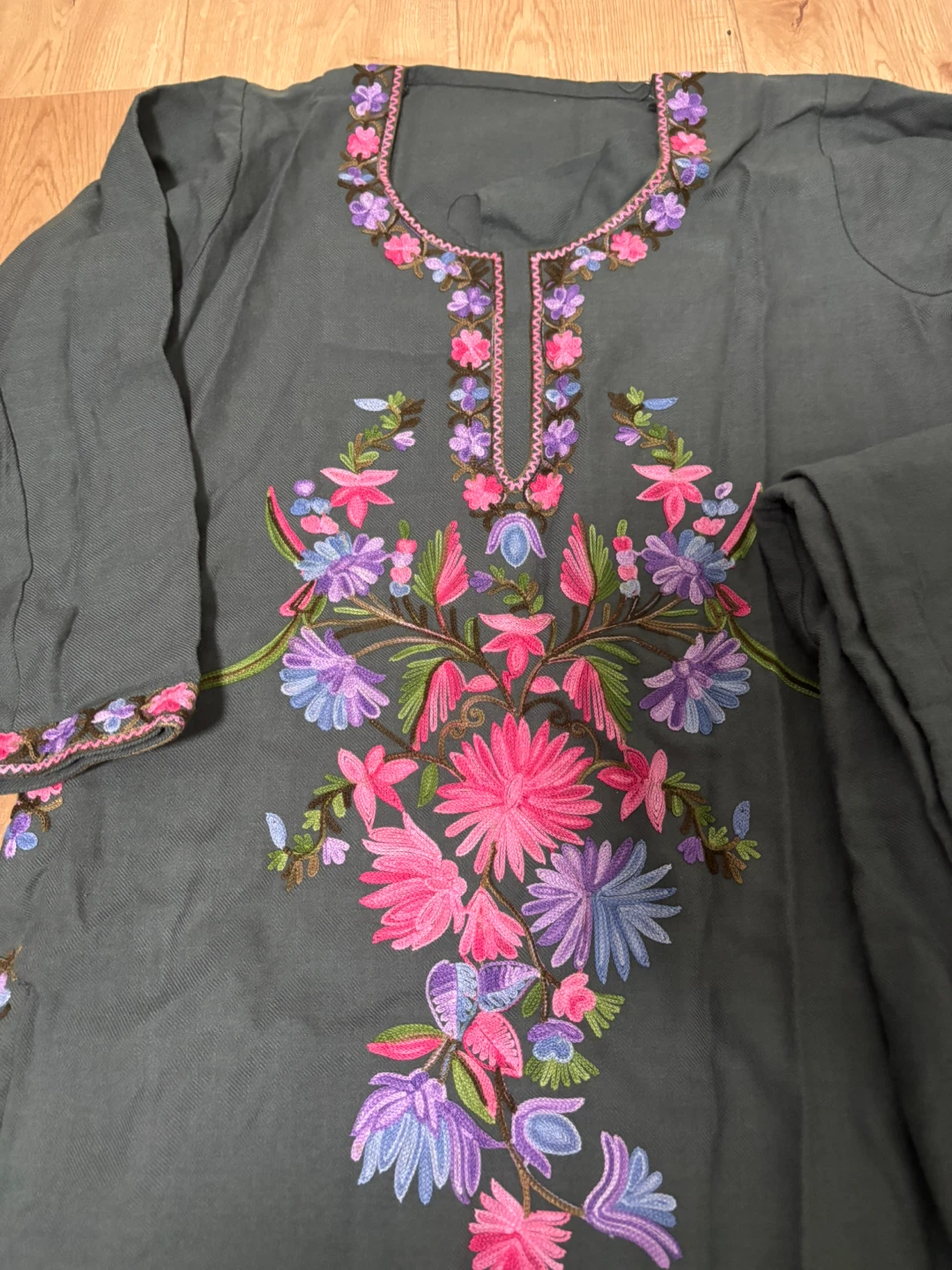Stylish Dark Grey Floral Embroidered Kur