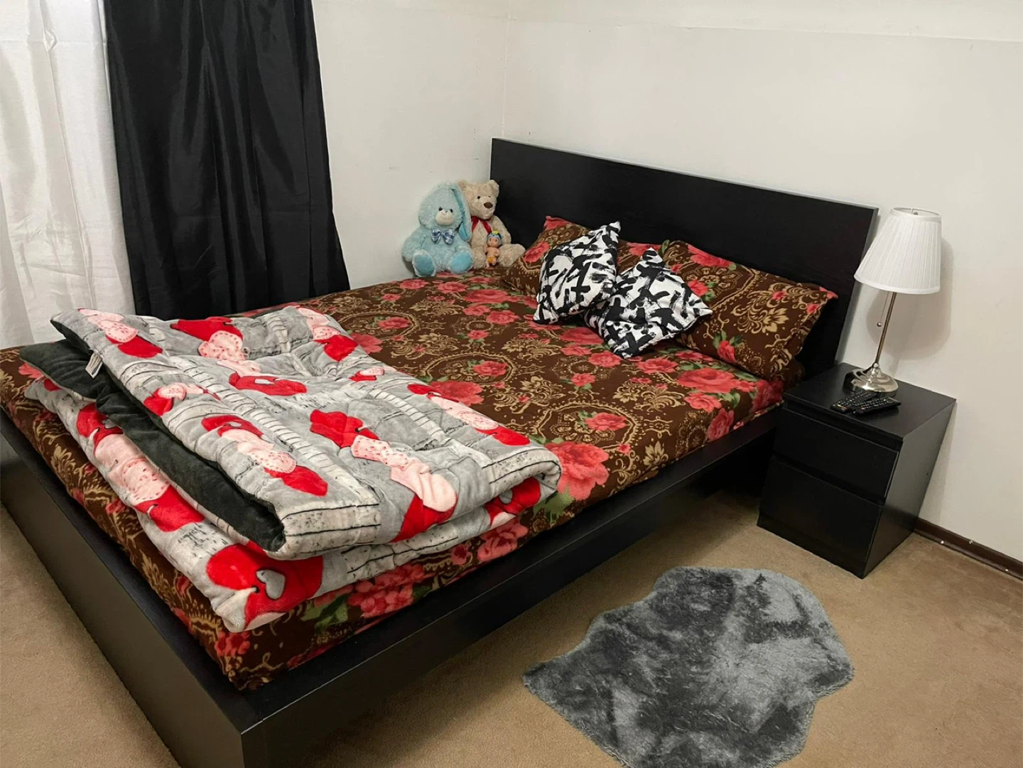 Black Queen Bed Frame with Mattress and chest
